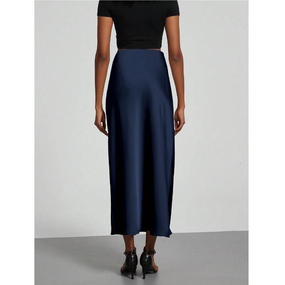 Navy Blue Satin A-Line Skirt High Waisted Long - Picture 8 of 9